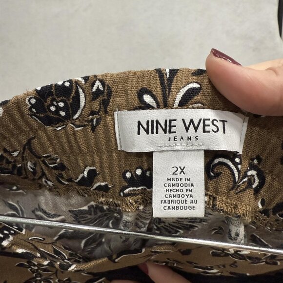 Nine West Jeans Pants Womens 2X Brown Black Floral Linen Blend Wide Leg Cropped - Picture 2 of 12